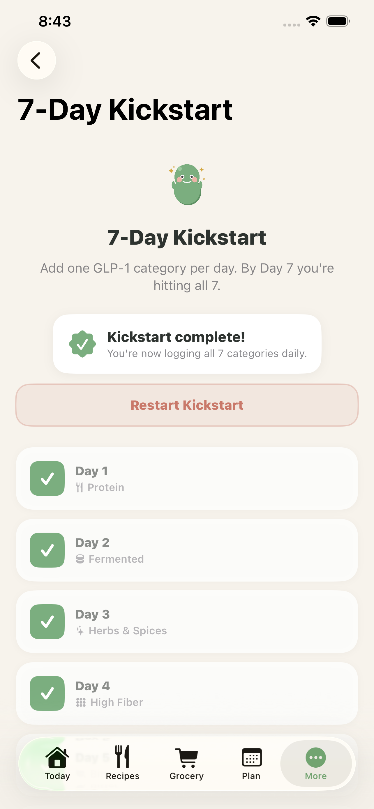 7-Day Kickstart program showing completed days with checkmarks